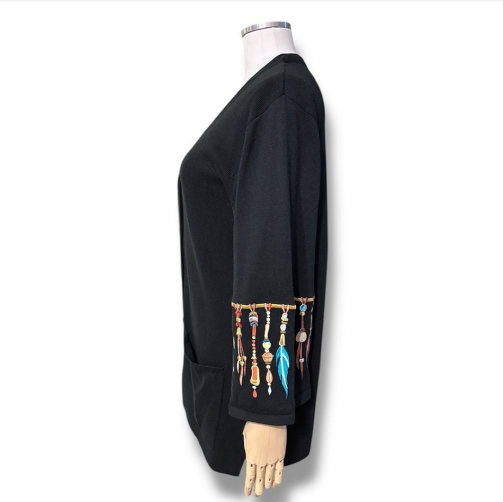 BOB MACKIE Black Longline Cardigan Embroidered Dreamcatcher Design VINTAGE - Picture 2 of 6